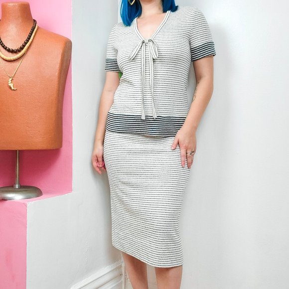 Vintage 1960s Deadstock Striped Two Piece Knit Skirt Set - Picture 1 of 10